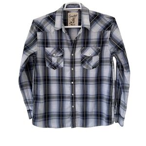 Coastal Shirt Mens Large‎ Blue Black Plaid Western Snap Button Chest Pockets